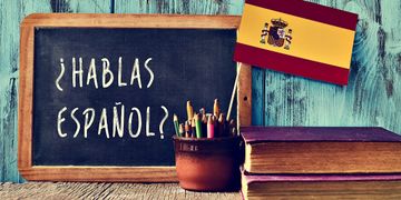 Hablas Espanol? chalkboard, flag