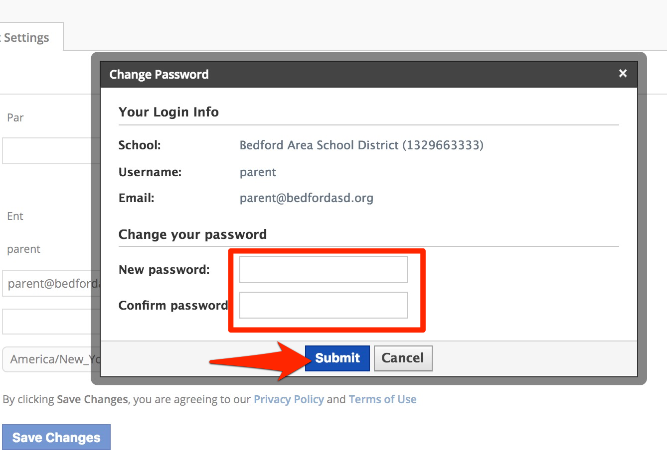 Picture of area on schoology site to change password