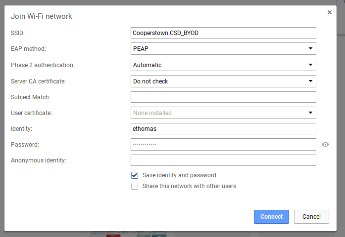 Complete the network setup with the following settings (identity will be your network username)